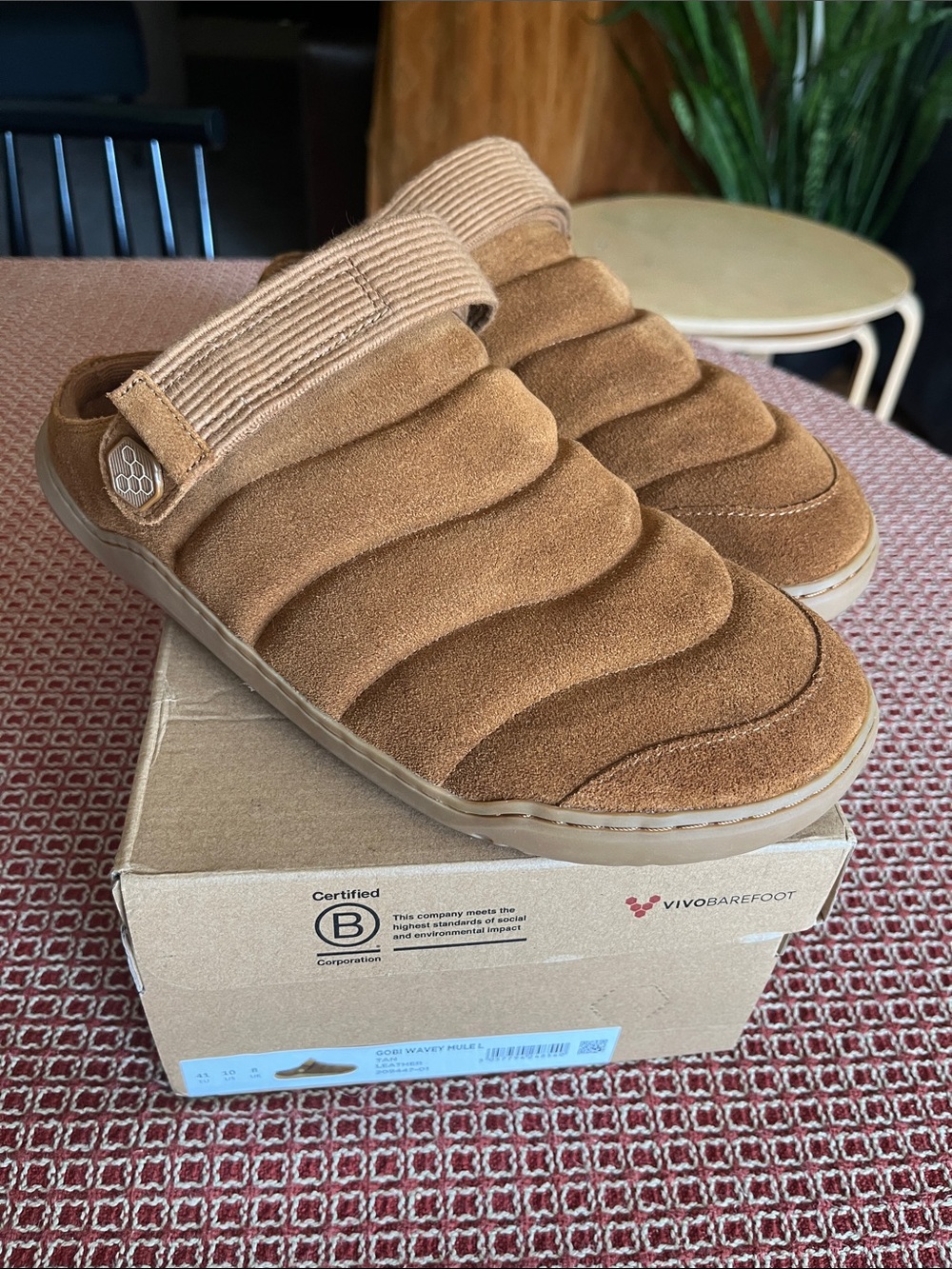Vivobarefoot Women’s Gobi Wavey Mule L Tan Leather-  Quilted Suede Slip-On Clogs